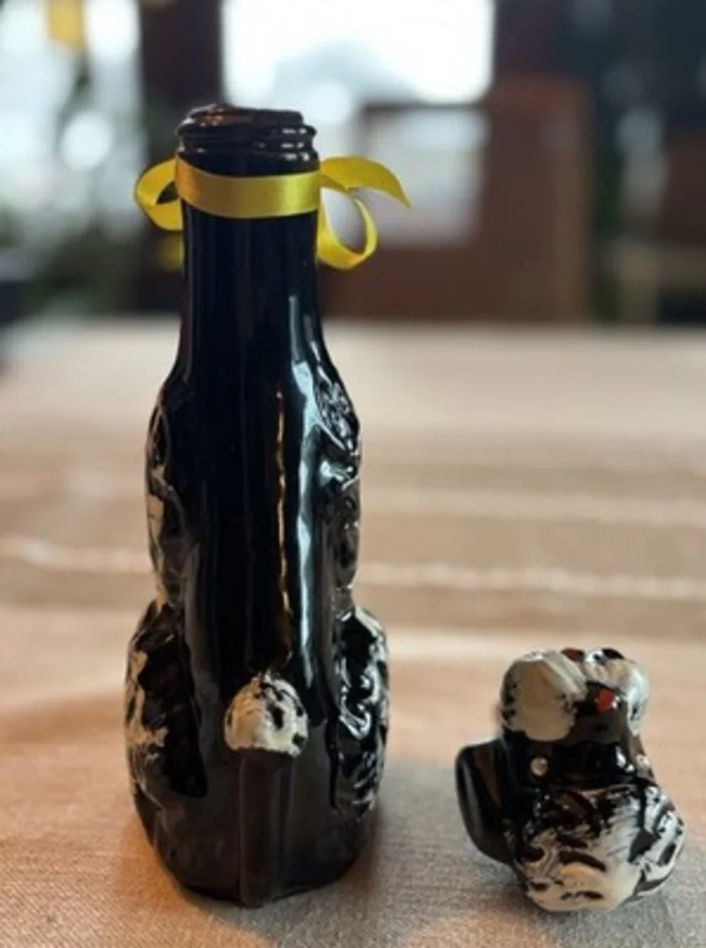 Vintage Enesco Ceramic Black & White Dog Decanter with Stopper and Yellow Ribbon